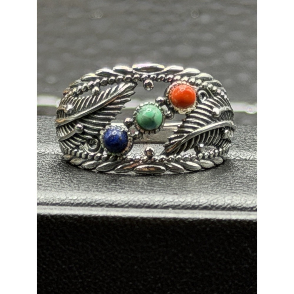 New Condition Sterling Silver Coral Turquoise Lapis Feathers Ring Size 10 K7